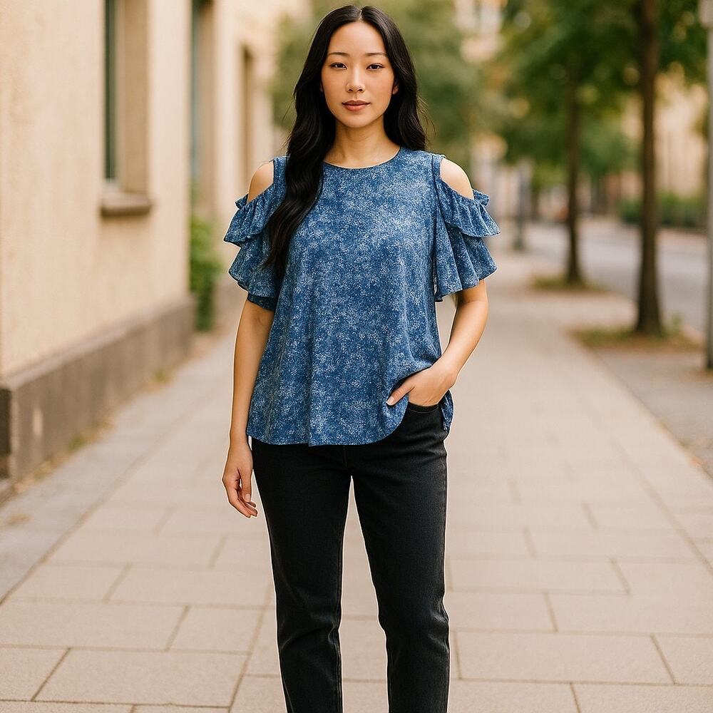 Karen‎ Kane Blue Cold‑Shoulder Rayon Women's Top Large–Tiered Ruffle Sleeves